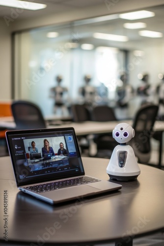 Modern Workspace Featuring a Laptop Displaying a Video Conference Next to a Communication Robot, Highlighting Technology in Collaborative Environments. photo