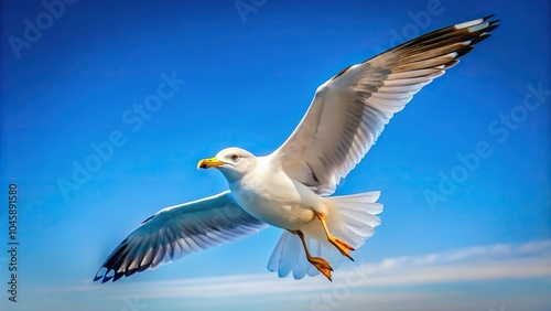 Soft focused seagull flying against gradient blue sky background