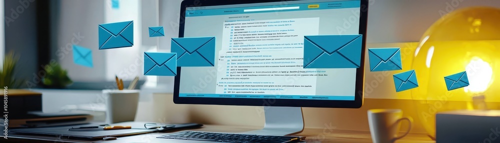 Digital communication concept with floating email icons around a computer monitor, illustrating the power of online messaging in modern business.