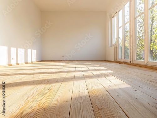 Spacious empty room with sunlight streaming through large windows, highlighting wooden floors, perfect for new beginnings.