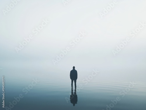 Silhouette of a person standing alone on a calm water surface, reflecting solitude and tranquility in a foggy landscape.