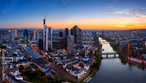 High resolution aerial panoramic view of Frankfurt, Germany after sunset