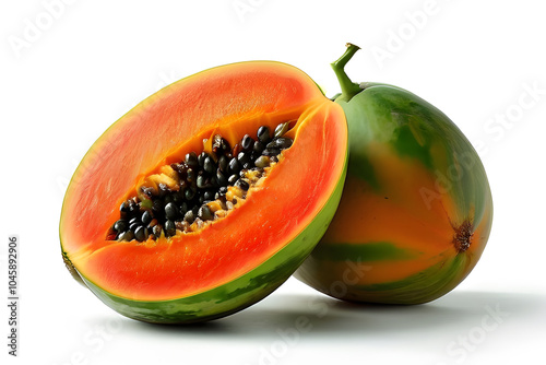 Fresh pawpaw ripe papaya whole seeds half cut black white background food advertising mockup template isolated element fruit tropical studio photo shoot 3d photo