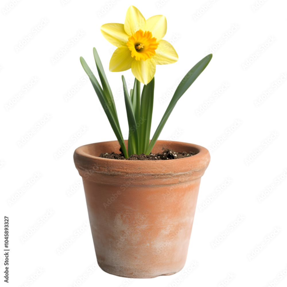 Bright daffodil in a terracotta pot, isolated on a transparent background. Showcases the daffodil's vibrant petals and sturdy stems for botanical and interior design presentations. Bright daffodil in a terracotta pot, isolated on a transparent background. Showcases the daffodil's vibrant petals and sturdy stems for botanical and interior design presentations.