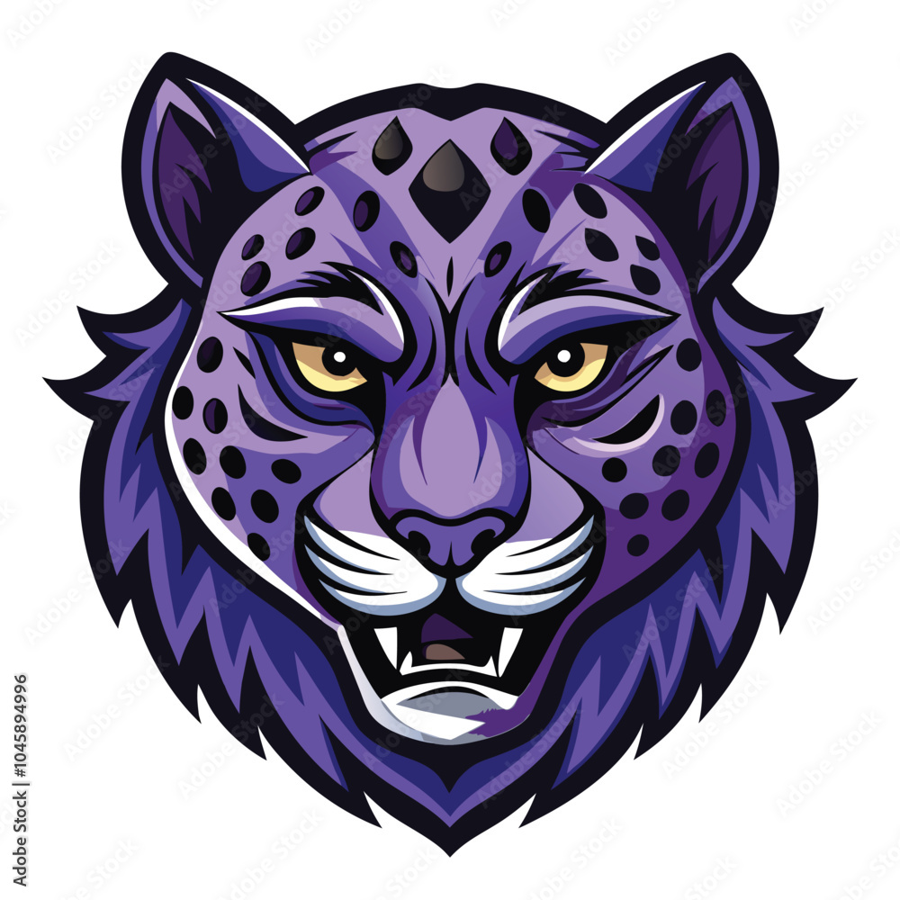 Fototapeta premium Purple Feline Mascot Head with Spots and Fangs