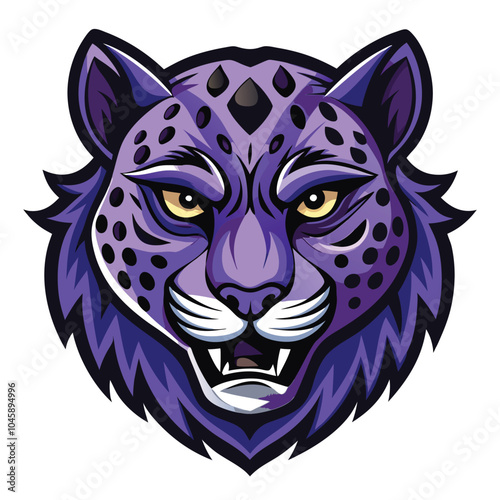 Purple Feline Mascot Head with Spots and Fangs