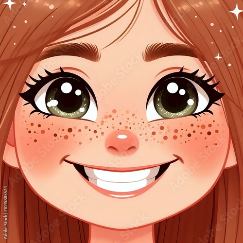 Picture of a little girl with red hair and freckles smiling with her teeth showing
