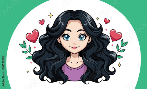 Vector of a charming woman, girl with wavy dark hair and glasses. A heart on the side