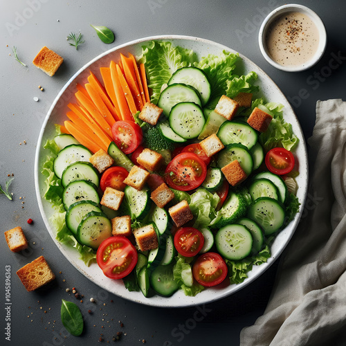 Fresh Vegetable Salad with Cucumbers, Tomatoes, and Lettuce – Healthy Summer Salad with Olive Oil Dressing photo