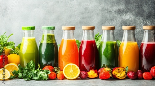 Assortment of Colorful Fruit and Vegetable Smoothies in Glass Bottles