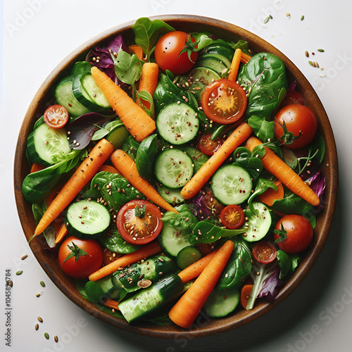 Fresh Vegetable Salad with Cucumbers, Tomatoes, and Lettuce – Healthy Summer Salad with Olive Oil Dressing photo