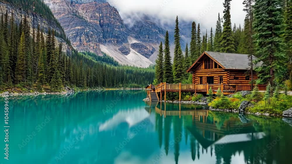 A wooden cabin sits on the edge of a turquoise lake in the Canadian Rockies, surrounded by tall pine trees