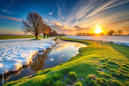 Welcome Spring: Melting Snow and Green Grass in a Fresh Landscape for Inspirational Quotes