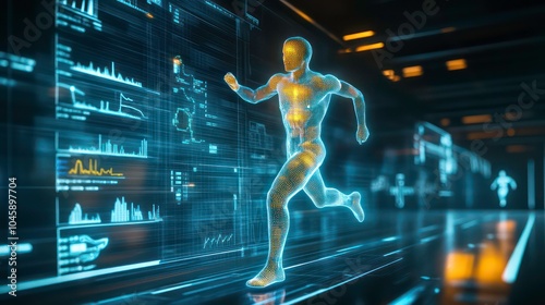 A digital representation of a runner, with data visualizations displayed on a screen behind.