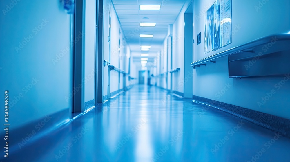 A long narrow empty corridor with closed doors along the walls. Apartments, wards or offices in a stylish modern building. Illustration for a cover, postcard, brochure or advertisement. A long narrow empty corridor with closed doors along the walls. Apartments, wards or offices in a stylish modern building. Illustration for a cover, postcard, brochure or advertisement.