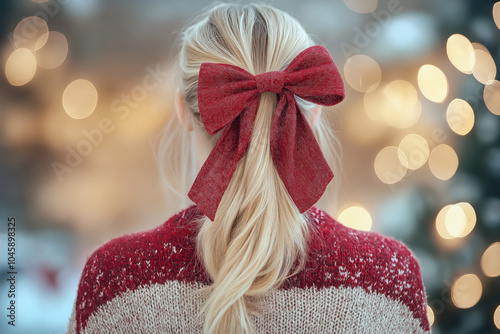 back view of a  blonde woman wearing a red bow in her ponytail, festive holiday look with soft bokeh lights in the background