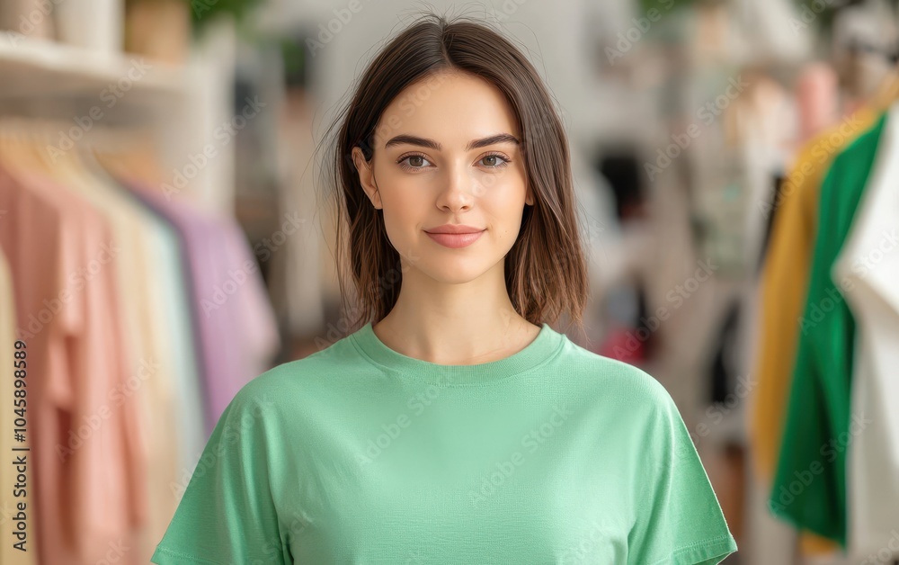 Smiling woman in a green shirt, standing in a trendy clothing store. Smiling woman in a green shirt, standing in a trendy clothing store.