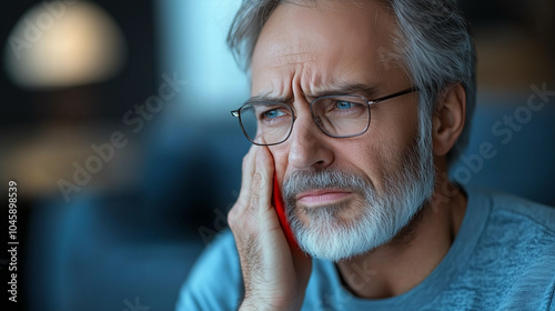 A man pressing on his jaw, with red showing the intensity of toothache pain.