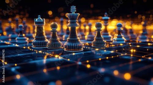 A futuristic chessboard with glowing pieces, representing strategy, planning, and competition. photo