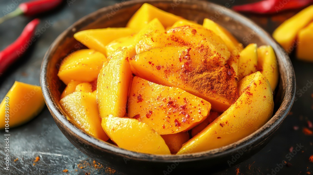 A close-up of a bowl of sliced mango with chili flakes. A close-up of a bowl of sliced mango with chili flakes.