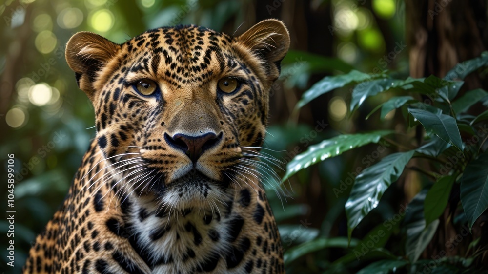 Naklejka premium A close-up portrait of a majestic leopard with a focused gaze, surrounded by lush green foliage in its natural habitat.