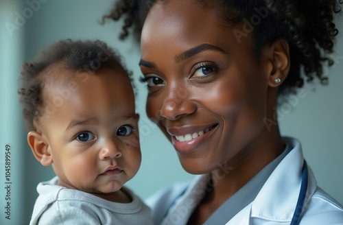 Black female doctor with stethoscope in white coat holds her baby in her arms