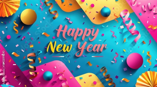 Colorful Happy New Year Celebration with Confetti and Bright Decorations