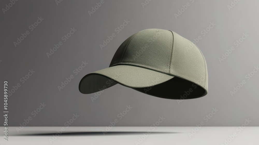 Fototapeta premium Stylish green cap floating on a grey background, perfect for fashion and accessories.