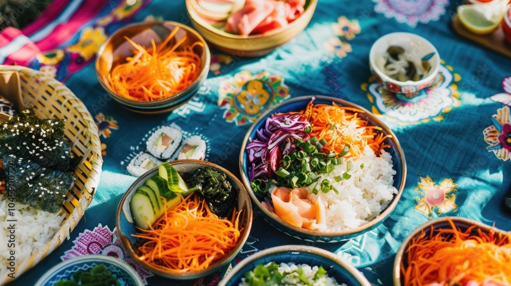 deconstructed sushi bowl placed on a bright, colorful picnic blanket deconstructed sushi bowl placed on a bright, colorful picnic blanket