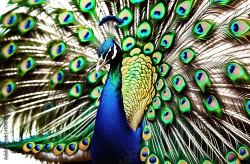 The peacock has spread its tail. The bird has beautiful plumage. White background.