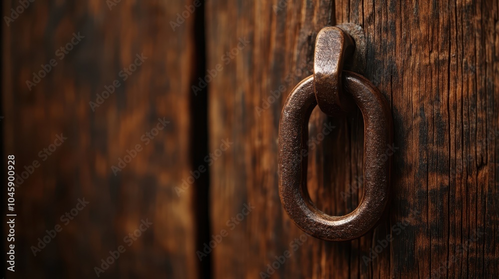 Close-up of an old, rusty metal door handle attached to a weathered wooden door Close-up of an old, rusty metal door handle attached to a weathered wooden door