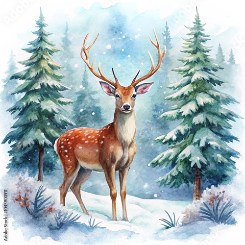 Christmas Deer with snow and tree