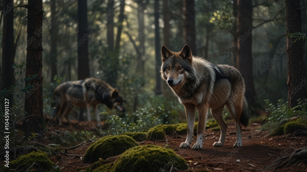 Two wolves stand in a forest, with the front wolf looking directly at the camera, while the other wolf is in the background, with the sun shining through the trees in the distance. Two wolves stand in a forest, with the front wolf looking directly at the camera, while the other wolf is in the background, with the sun shining through the trees in the distance.