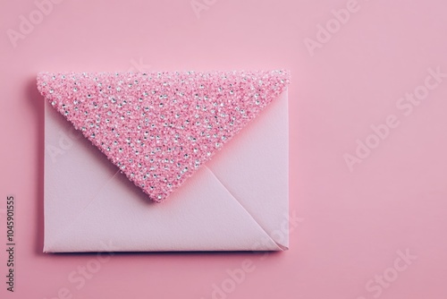 A decorative pink envelope with a sparkly flap on a pink background.