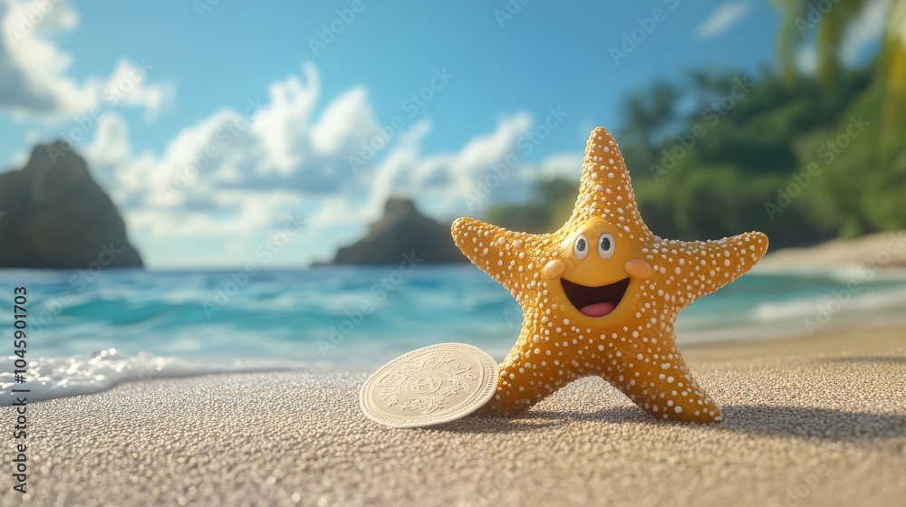 Cheerful 3D render of a starfish with a sand dollar, on the beach Cheerful 3D render of a starfish with a sand dollar, on the beach