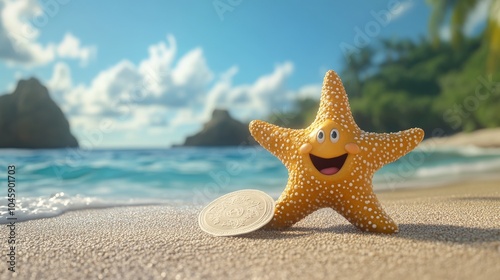 Cheerful 3D render of a starfish with a sand dollar, on the beach