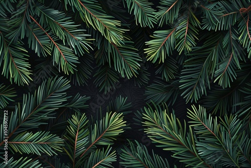 Green fir tree branches on dark background. Christmas and New Year celebration concept. Winter season holiday. Wallpaper, backdrop for design greeting card, banner, poster