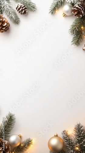 Festive frame with pine branches, cones, and ornaments on a light background