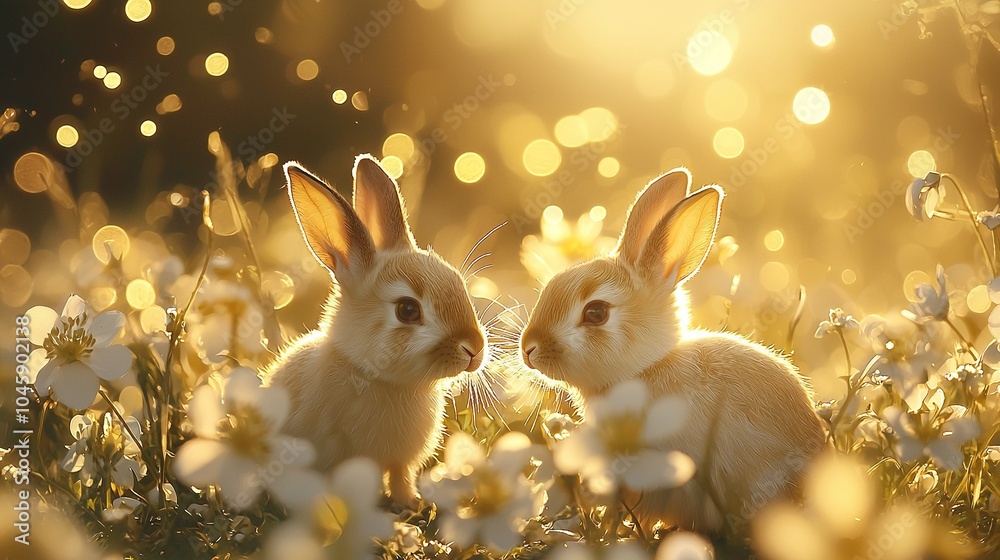 A pair of rabbits resting together amidst a green meadow and blooming flora, with the sun shining brightly behind them A pair of rabbits resting together amidst a green meadow and blooming flora, with the sun shining brightly behind them