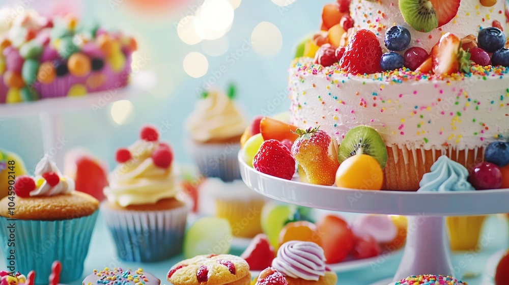 A close-up shot of a cake with cupcakes surrounding it, decorated with frosting and sprinkles on top A close-up shot of a cake with cupcakes surrounding it, decorated with frosting and sprinkles on top