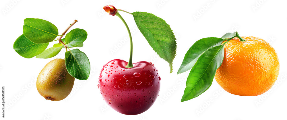 Obraz premium Set of kiwi, cherry and tangerine with green leaves, covered in water droplets, isolated on white transparent background.