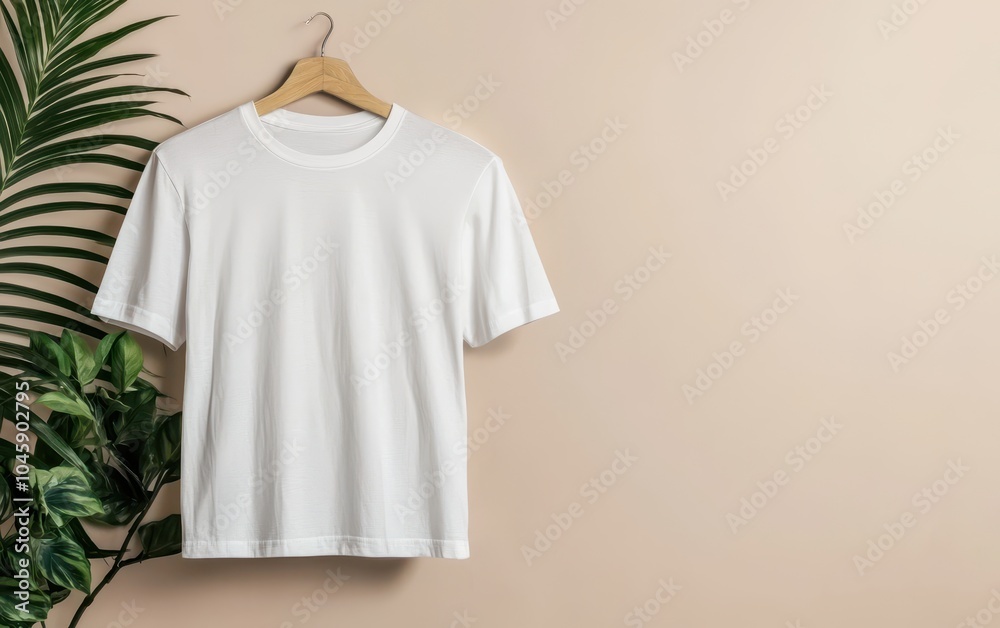 White t-shirt on hanger against a beige wall with green palm leaves. White t-shirt on hanger against a beige wall with green palm leaves.