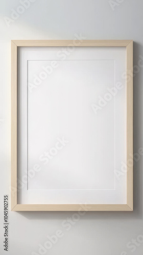 A blank white canvas in a simple wooden frame on a wall, shadow on the right side