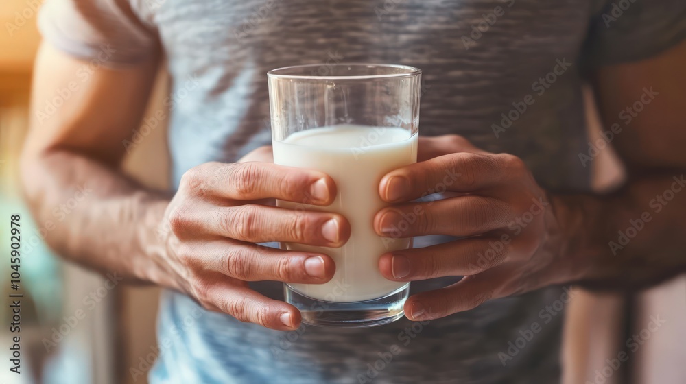 Man holding a glass milk, experiencing stomach pain and discomfort Man holding a glass milk, experiencing stomach pain and discomfort