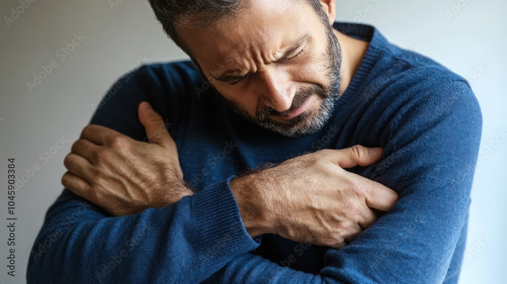 Fototapeta premium Man with hand pain holding his elbow