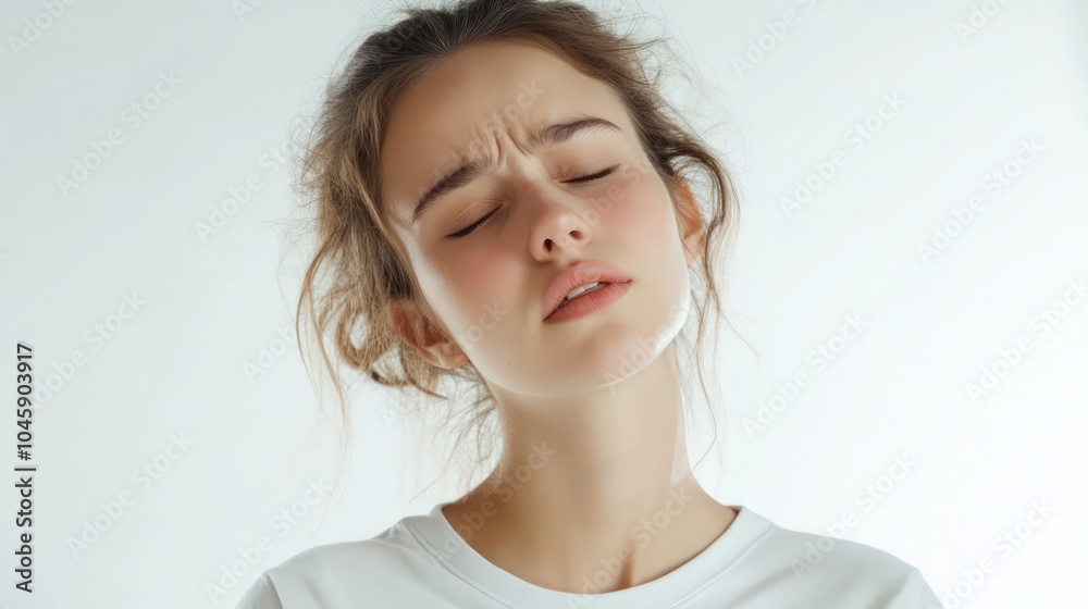 Girl with neck pain problems isolated on a white background Girl with neck pain problems isolated on a white background