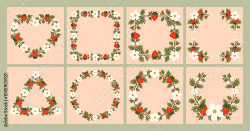 Vector shape of Strawberry flowers frame, Floral border box label of wreath with branch and leaves