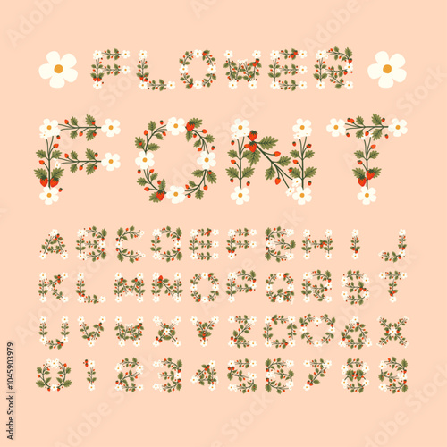 Isolated strawberry flower font alphabet character with number and symbol, Vector floral wreath ivy style with branch and leaves