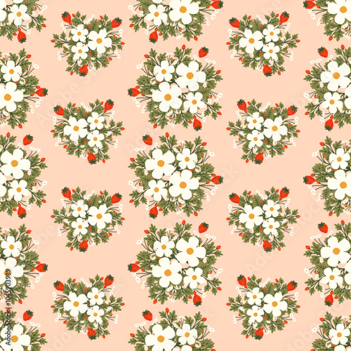 Strawberry flowers wreath with branch and leaves. Seamless pattern background. Floral vector artwork for apparel and fashion fabrics