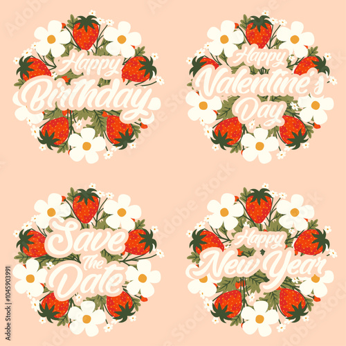Vector strawberry flower greeting text template for birthday, valentine day and happy new year